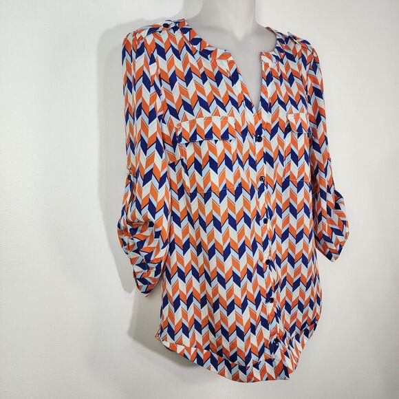 41 Hawthorn Womens Top Size XS Button Up Blouse Chevron Orange Blue Pockets V - Picture 3 of 10